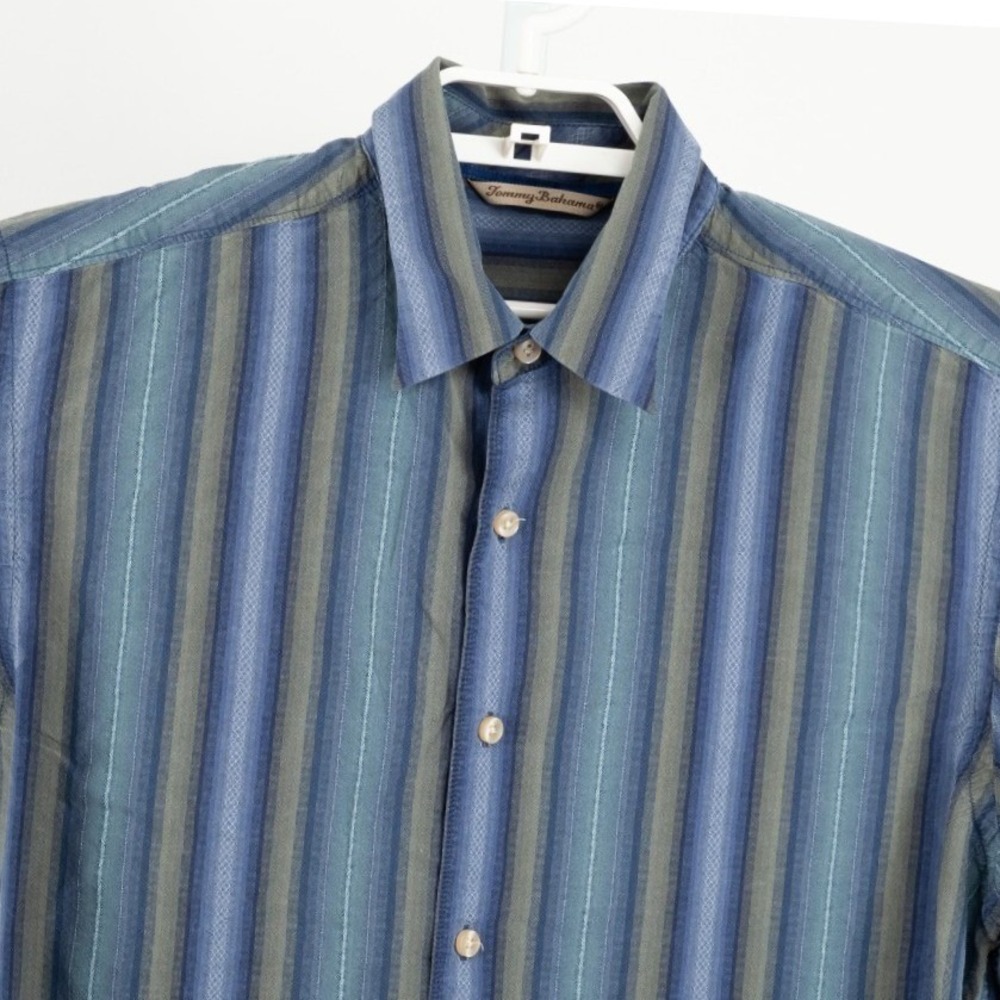 Tommy Bahama Silk Button Down Shirt Mens Large Blue Green Striped Long Sleeve